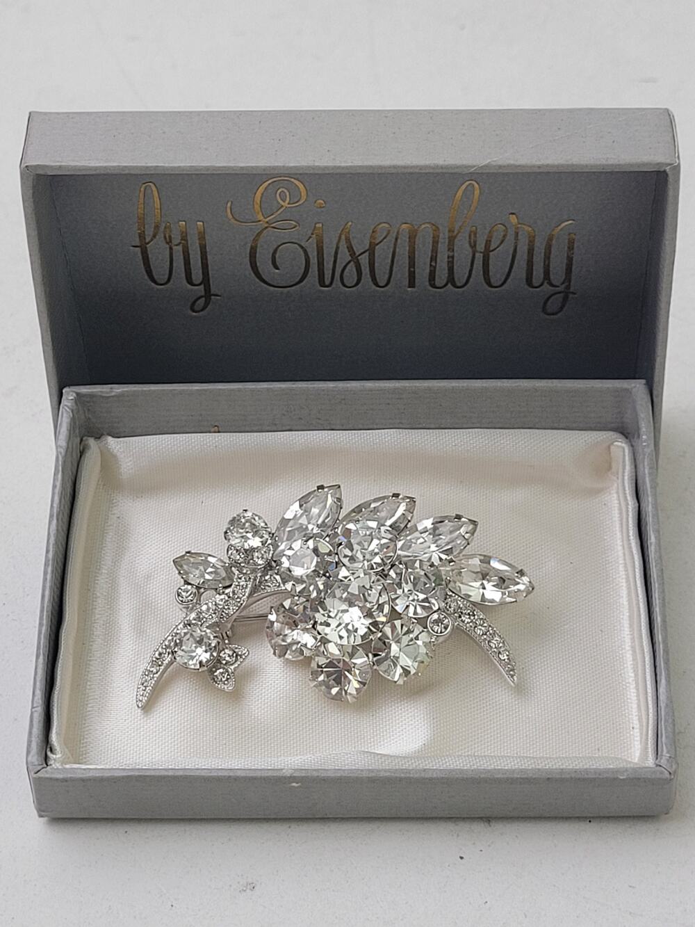 Vintage Signed Eisenberg Rhinestone Flower Spray Brooch in Branded Box